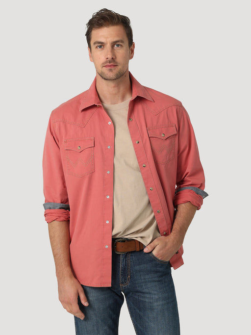 Men's Wrangler Retro Premium Long Sleeve Button-down Solid Shirt In Pomelo Red Picnic khaki