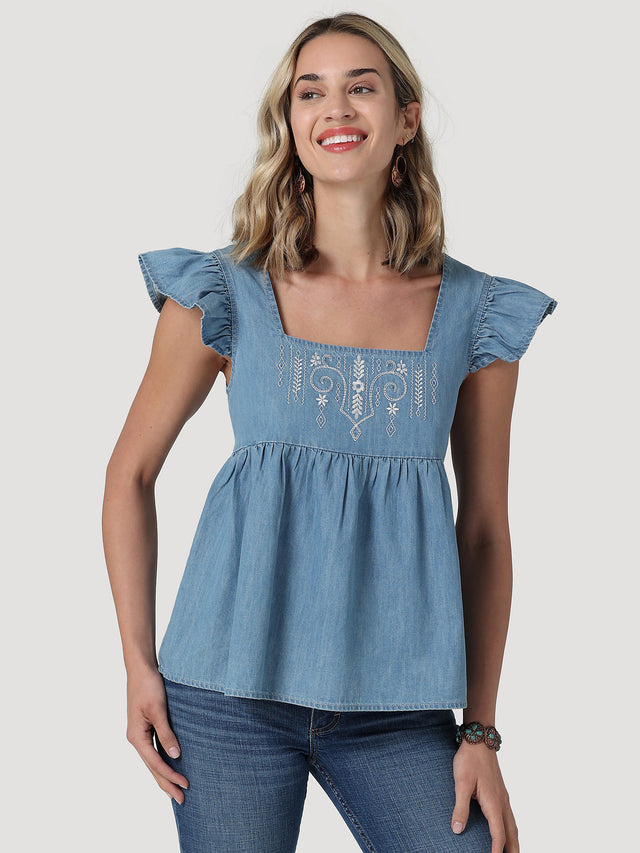 Women's Wrangler Retro Square Neck Embroidered Denim Top In Chambray Chambray