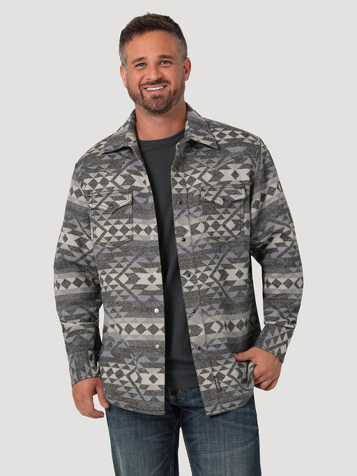 Men's Wrangler Retro Premium Jacquard Snap Shirt Jacket In Vintage Indigo Grey