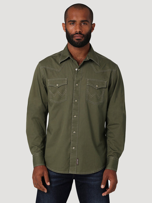 Men's Wrangler Retro Premium Western Snap Solid Shirt In Grape Leaf Olive