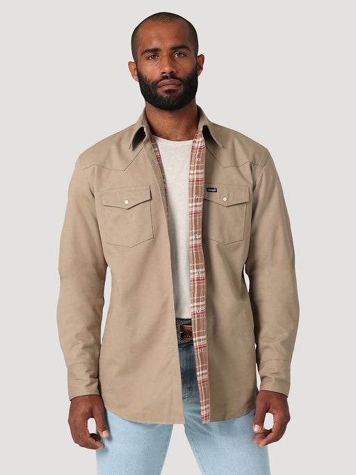Men's Wrangler Long Sleeve Flannel Lined Solid Work Shirt In Dune Brown/khaki