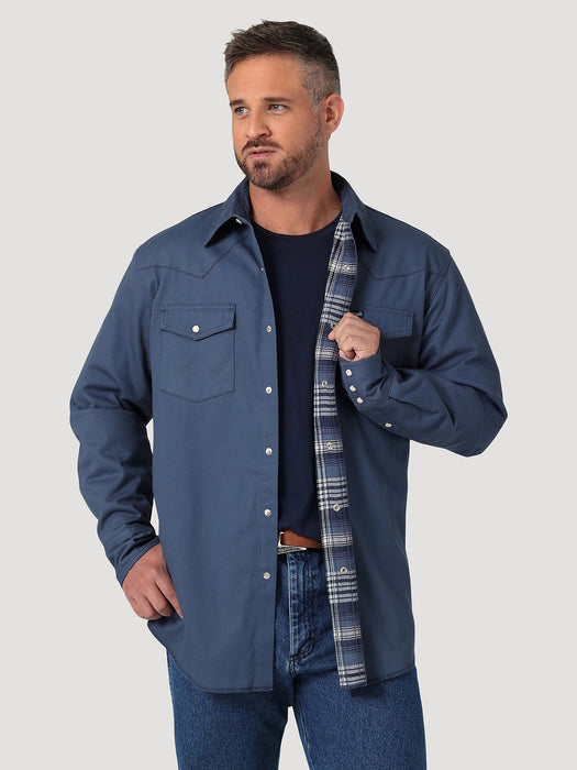 Men's Wrangler Long Sleeve Flannel Lined Solid Work Shirt In Vintage Indigo Blue