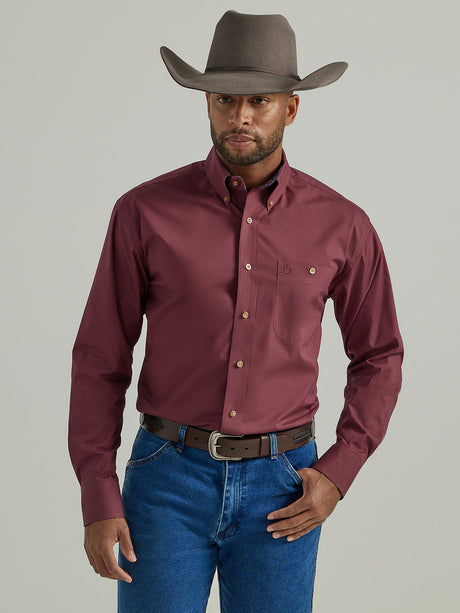 Wrangler Men's George Strait Long Sleeve One Pocket Button Down Solid Shirt In Violet Wine Wine