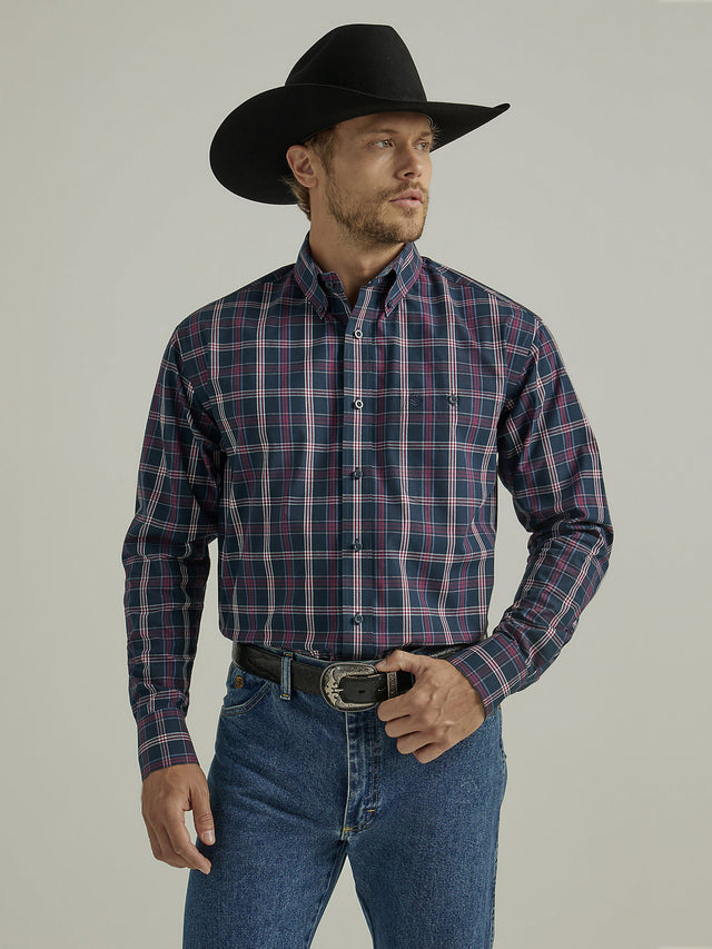 Men's Wrangler George Strait Long Sleeve Button Down One Pocket Shirt In Navy Fuschia Plaid Navy