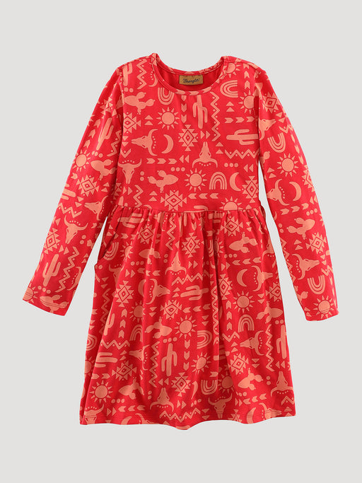 Wrangler Girl's Long Sleeve Printed Pocket Dress In Red Red