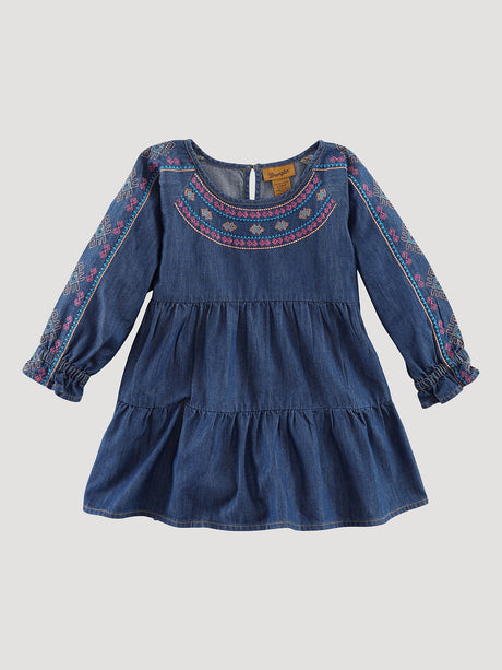 Wrangler Girl's Embroidered Denim Tunic Dress In Blue Denim Blue