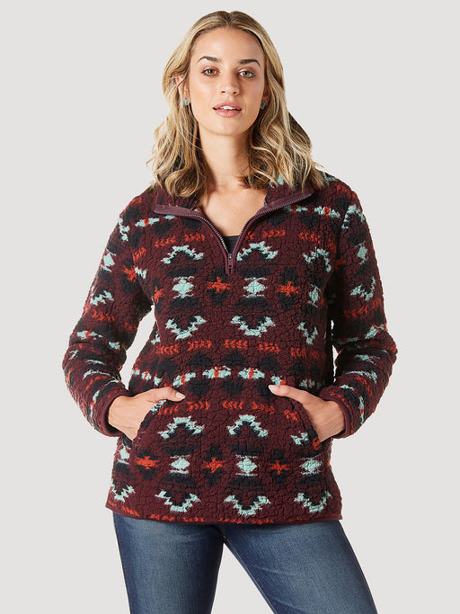 Women's Wrangler Retro Southwestern Print Quarter-zip Sherpa Pullover In Wine Tasting Purple