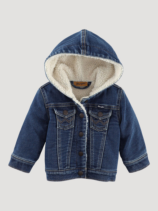 Wrangler Little Girl's Sherpa Lined Hooded Denim Jacket In Blue Denim Denim