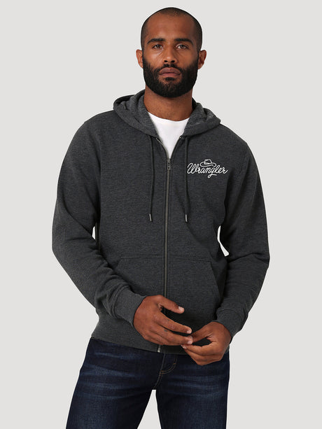 Men's Wrangler Vintage Logo Full Zip Hoodie In Caviar Heather Caviar heather