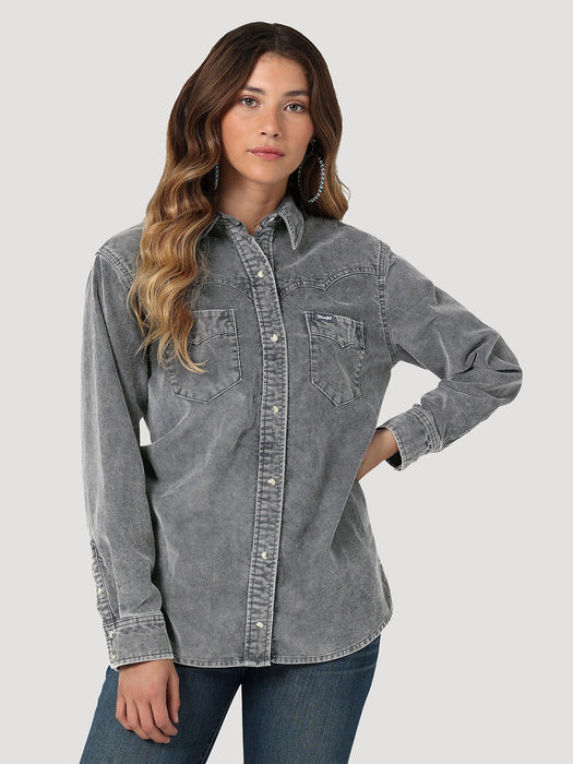 Women's Wrangler Corduroy Fade Western Snap Shirt In Grey Black