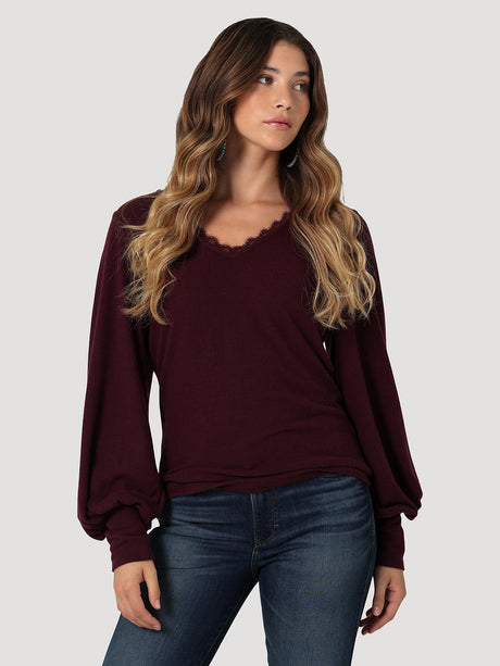 Women's Wrangler Lace Neck Bloused Sleeve Knit Blouse In Wine Tasting Purple