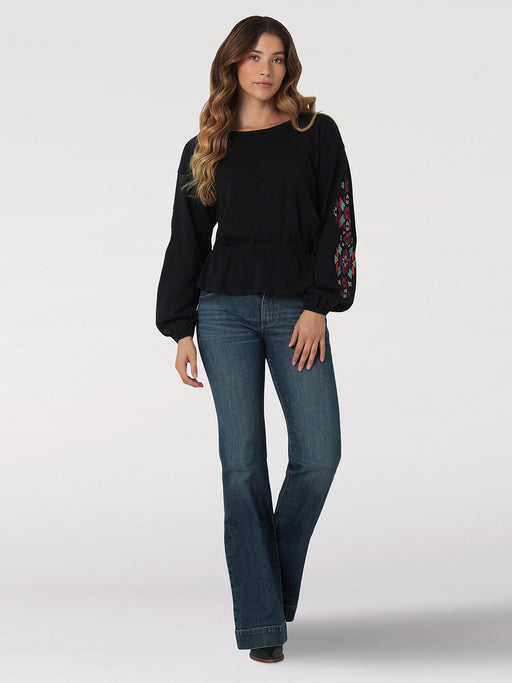 Women's Wrangler Gathered Waist Embroidered Sleeve Top In Black Beauty Black