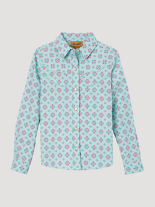 Wrangler Girls Long Sleeve Geo Print Western Snap Shirt - Turquoise Turquoise