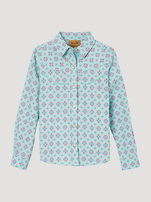 Wrangler Girls Long Sleeve Geo Print Western Snap Shirt - Turquoise Turquoise