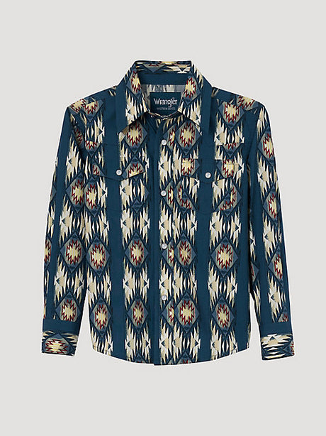 Wrangler Boys Checotah Long Sleeve Western Snap Shirt - Deep Turquoise