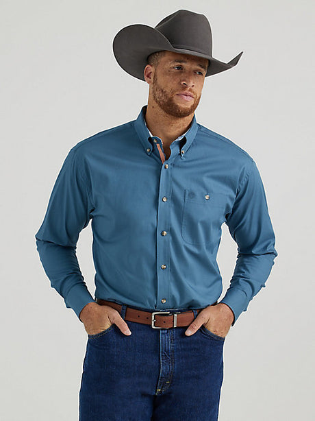 Wrangler George Strait Long Sleeve Button Down One Pocket Shirt - Steel Blue