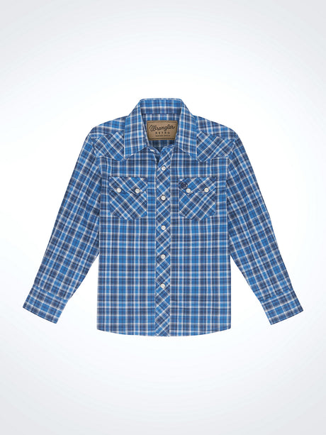 Wrangler Boys' Retro Western Snap Plaid Shirt with Front Sawtooth Pockets - Azure Chromatic Azure Chromatic