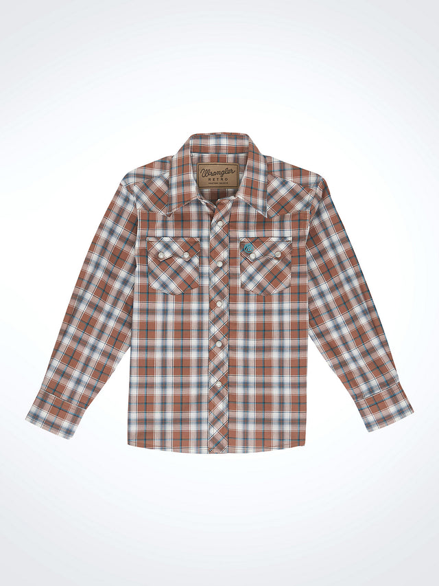 Wrangler Boys' Retro Western Snap Plaid Shirt with Front Sawtooth Pockets - Brown Bark Brown Bark