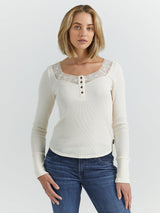 Wrangler Women's Lace Waffle Henley - Cream Cream