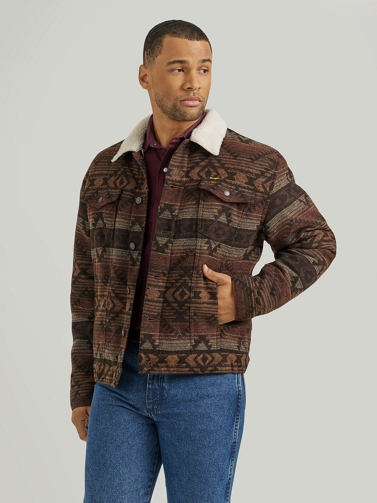 Wrangler Men's Sherpa Lined Jacquard Print Jacket - Canyon Vibe Canyon Vibe