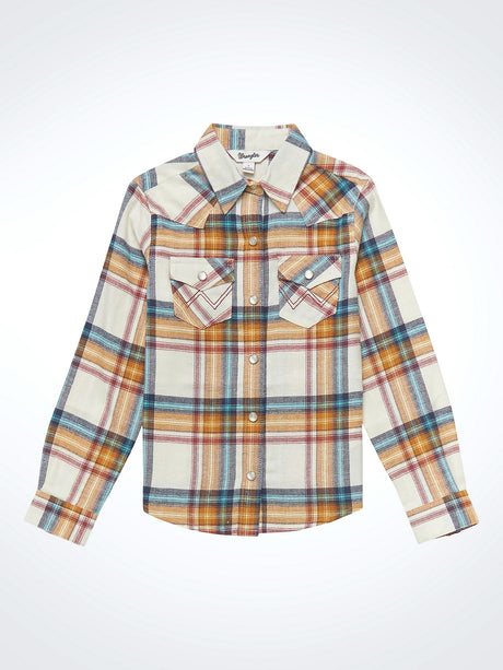 Wrangler Girls' Long Sleeve Flannel Plaid Western Snap Shirt - White Multi White Multi