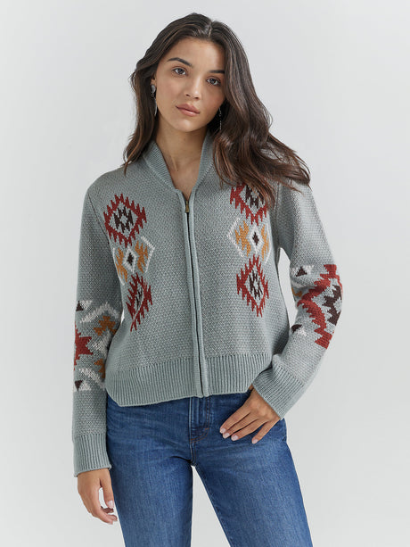 Wrangler Women's Southwestern Full Zip Cardigan Sweater - Cactus Cactus