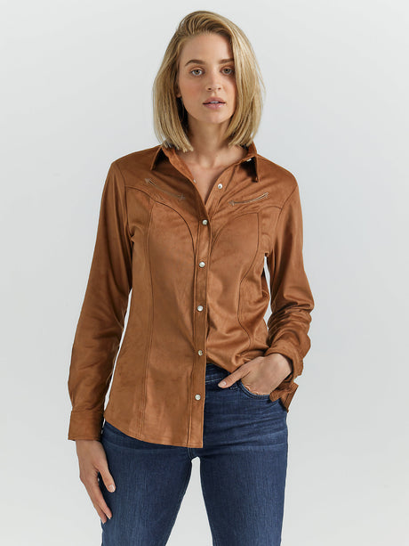 Wrangler Women's Suede Rodeo Snap Shirt - Brown Brown