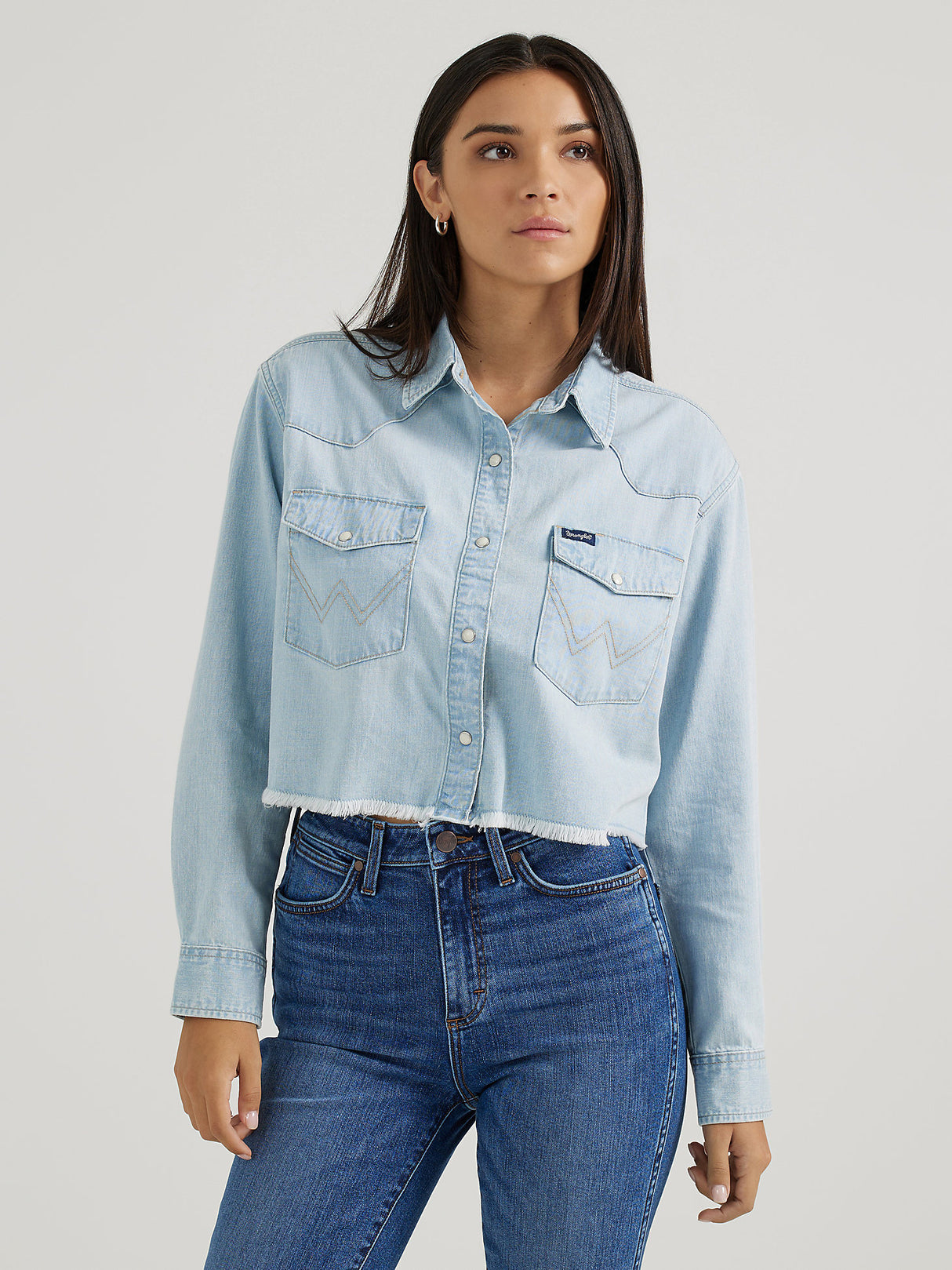 Wrangler Cut-Off Denim Boyfriend Snap Shirt - Light Wash Light Wash