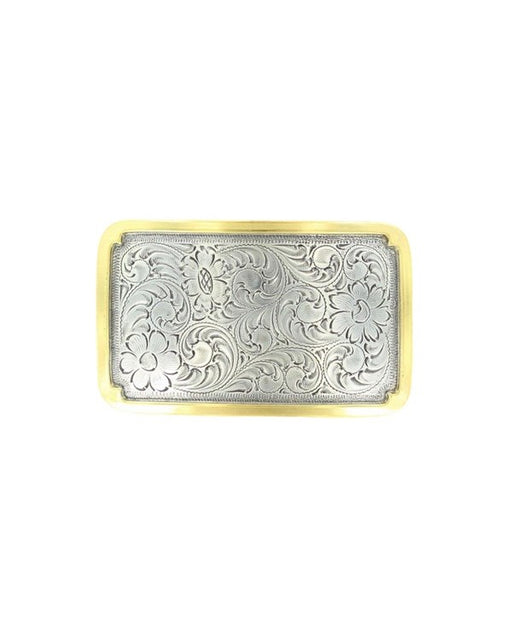 Nocona Rectangular Scrolled Floral Belt Buckle - Silver & Gold Silver & Gold