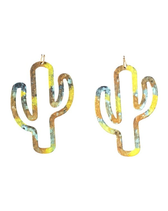 Silver Strike Steel Cut-Out Cactus Earrings Green