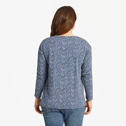 Life Is Good Women's Ditsy Floral Pattern Long-Sleeve Crusher-LITE Easy Vee - Darkest Blue