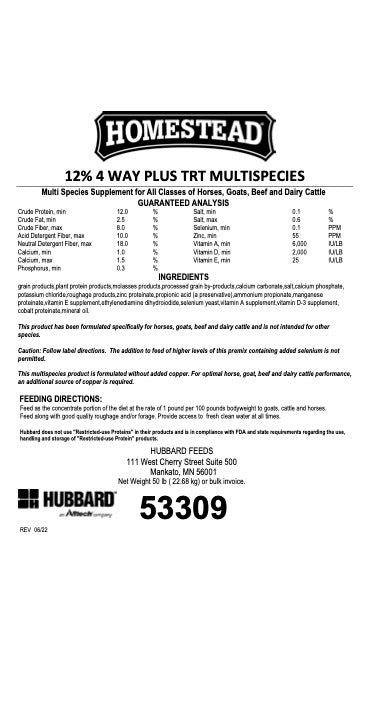 Hubbard Feeds Homestead 12% 4 Way Plus TRT Multispecies