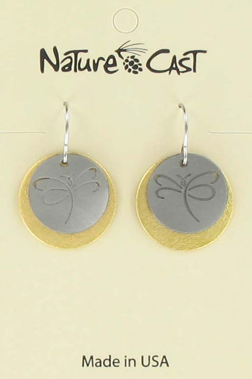 Nature Cast Metalworks 2 Tone Cutout Dragonfly On Disc Dangle Earring