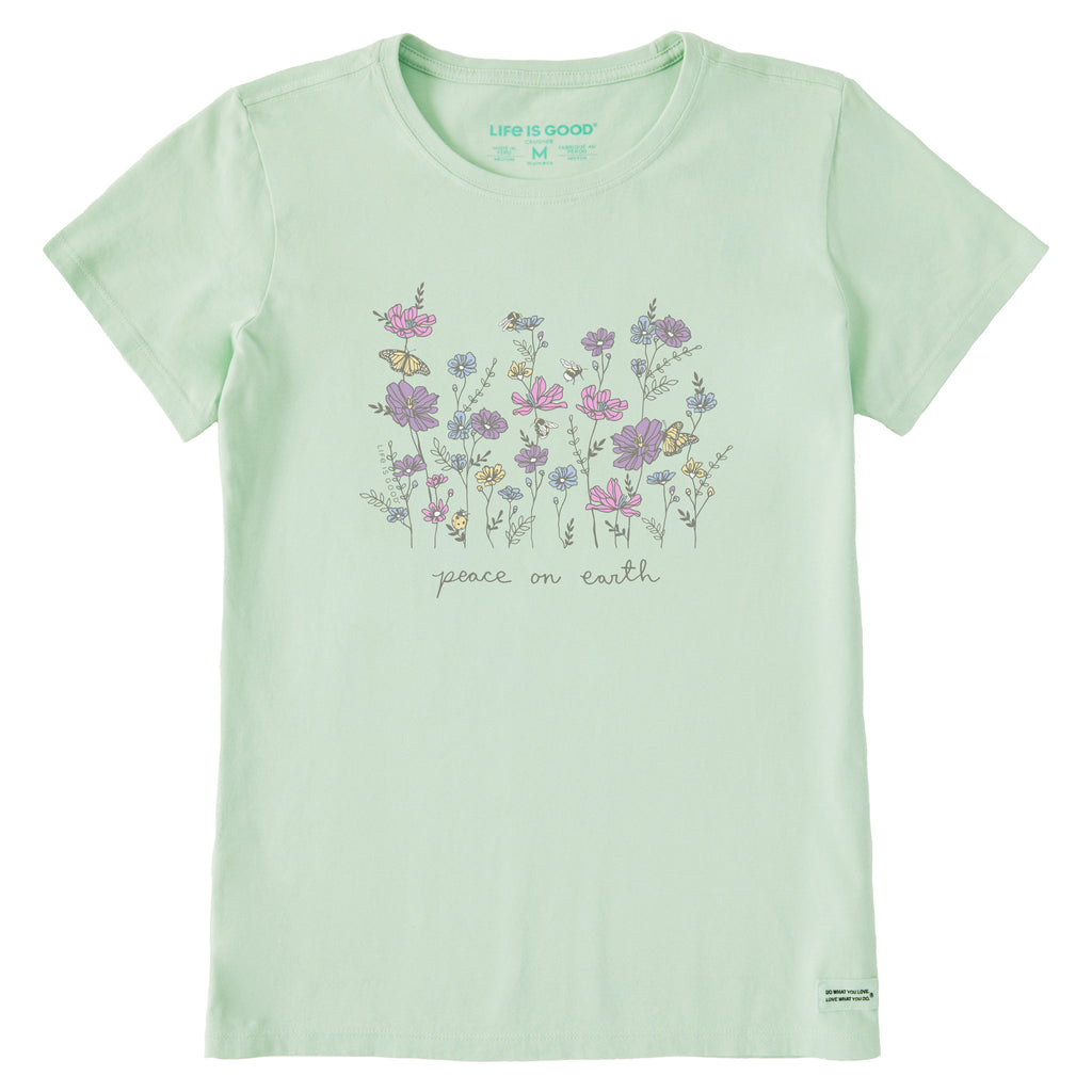 Life Is Good Womens Peaceful Wildflowers & Insects Short Sleeve Crusher Tee - Sage Green age Green / S