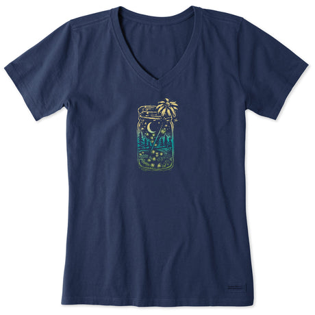Life Is Good Womens Firefly Moon Jar Short Sleeve Crusher Vee - Darkest Blue Darkest Blue