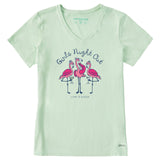 Life Is Good Womens Girls Night Out Flamingo Short Sleeve Crusher Vee - Sage Green age Green / S