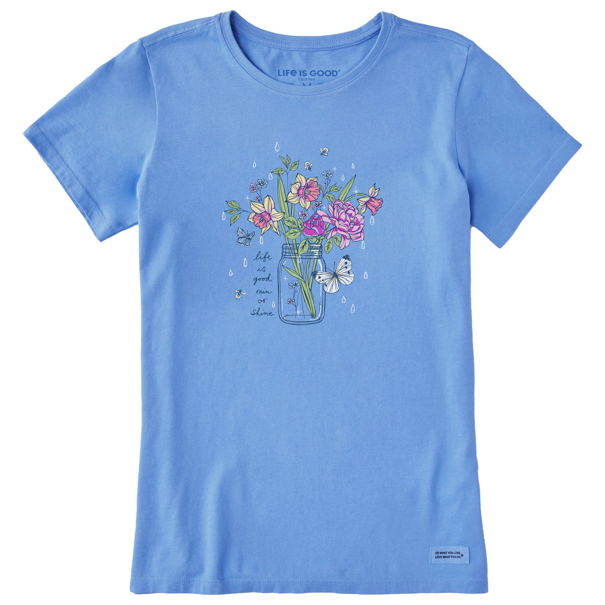 Life Is Good Womens Rain Or Shine Jar Flowers Short Sleeve Crusher-LITE Tee - Cornflower Blue Cornflower Blue