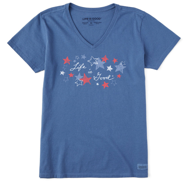 Life Is Good Womens Americana Stars Short Sleeve Crusher-LITE Vee - Vintage Blue Vintage Blue