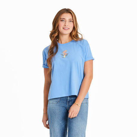 Life Is Good Womens Mushrooms & Snail Short Sleeve Boxy Short Sleeve Crusher Tee - Cornflower Blue Cornflower Blue