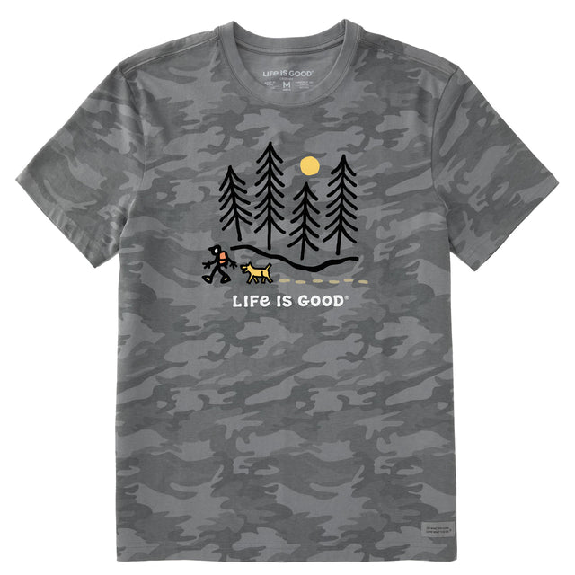 Life Is Good Mens Hiking Through The Woods Short Sleeve Allover Printed Short Sleeve Crusher Tee - Gray Camo Gray Camo