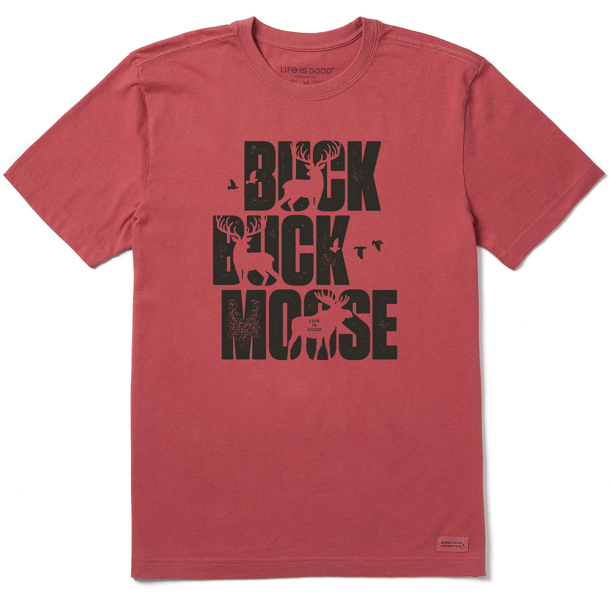 Life Is Good Mens Typeout Buck Buck Moose Bold Short Sleeve Crusher-LITE Tee - Faded Red Faded Red