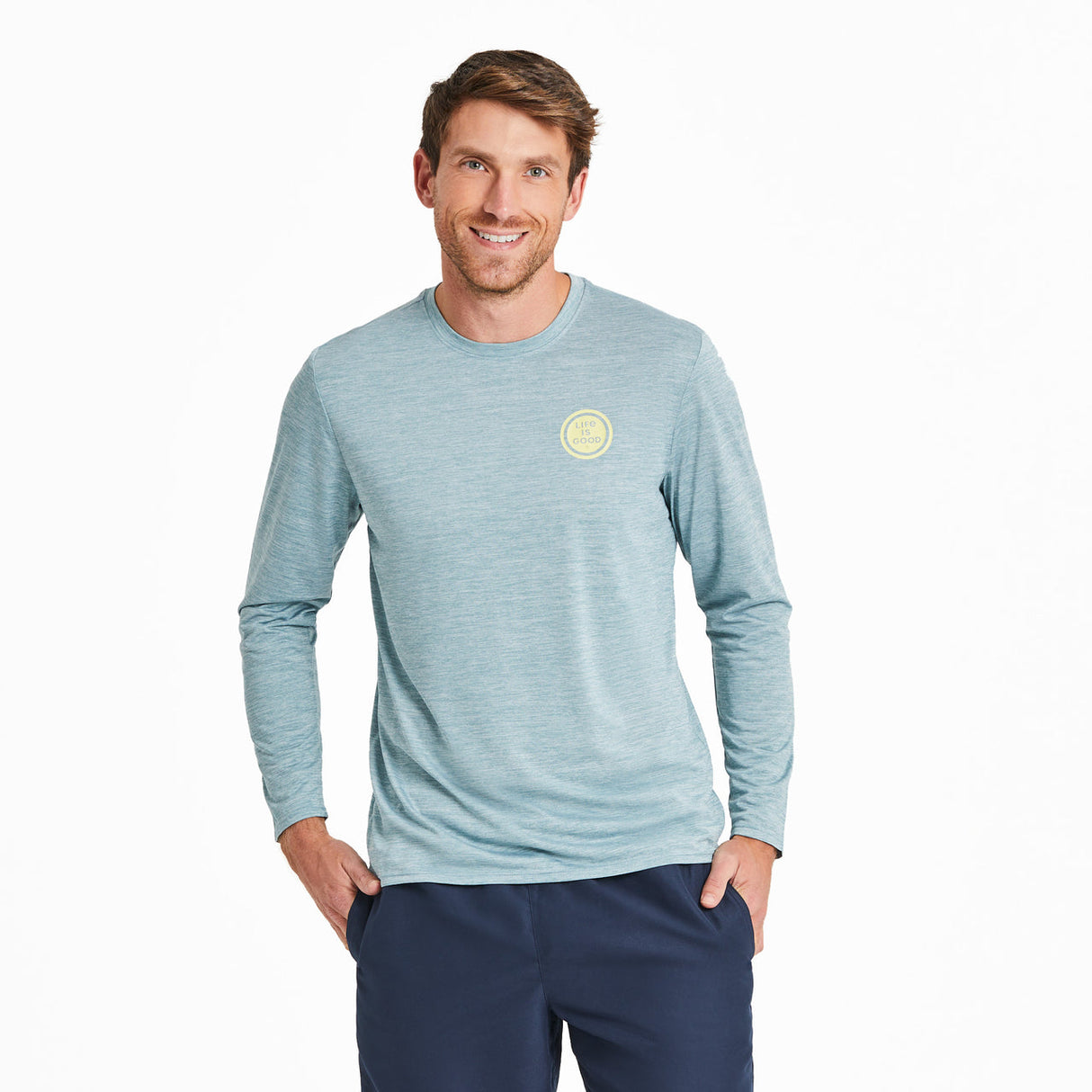 Life Is Good Mens Radiating Sun Long Sleeve Sun Crusher Tee - Smoky Blue Smoky Blue