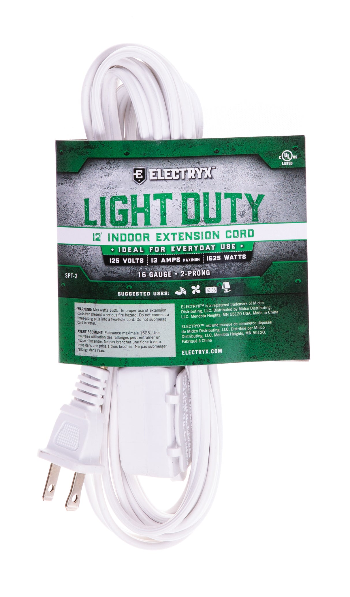 Electryx 12ft Light Duty Indoor Extension Cord - 16 Gauge White / 12FT