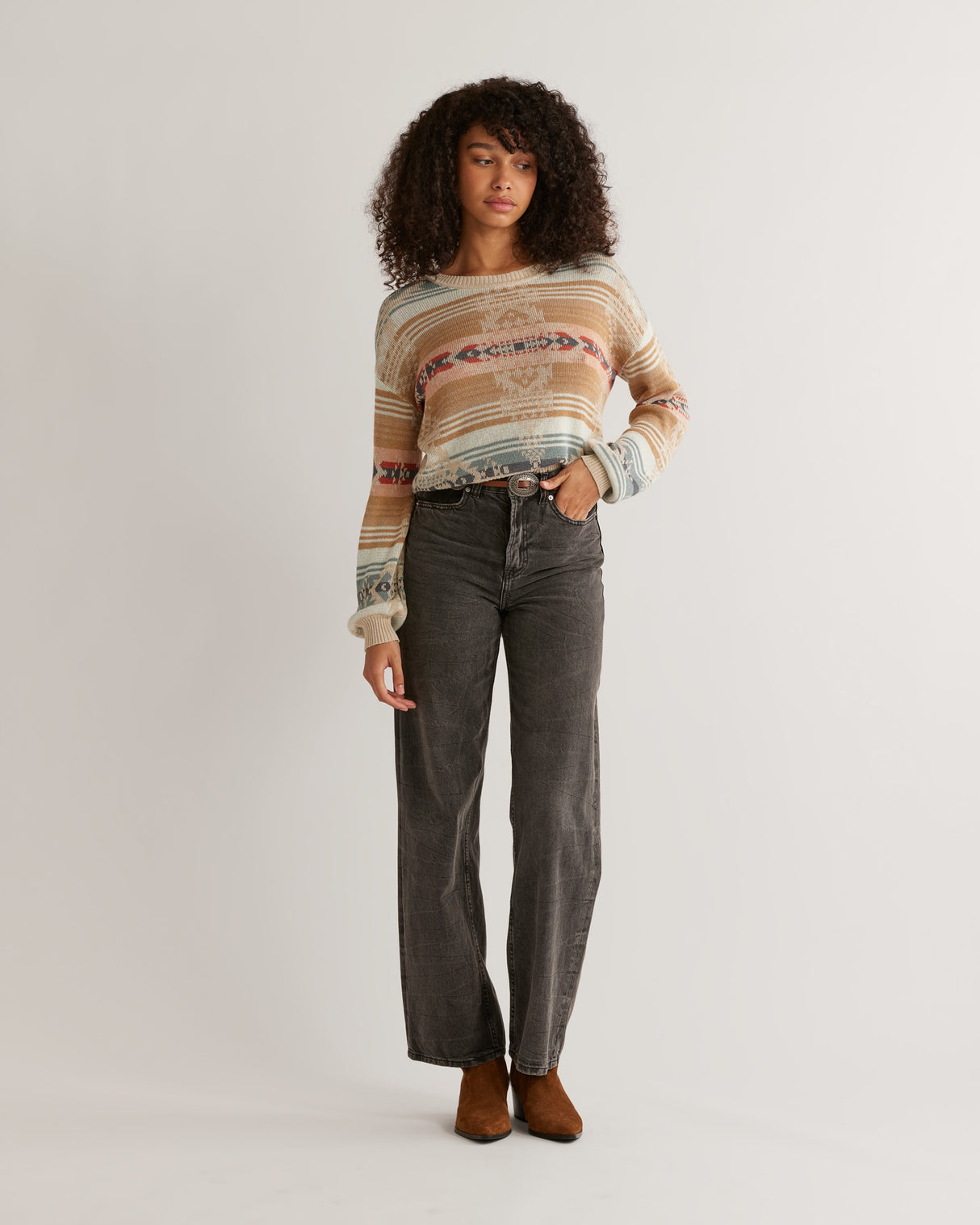 Pendleton Women's Bishop Sleeve Cotton Pullover Tan aqua multi