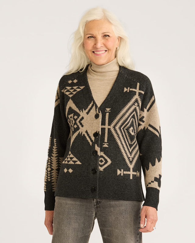 Pendleton Women's Lambswool Mixed Graphic Cardigan Blk taupe