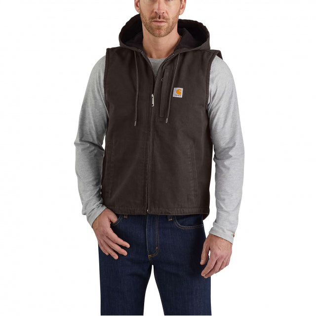 Carhartt Men's Relaxed Fit Washed Duck Fleece-lined Hooded Vest Darkbrown