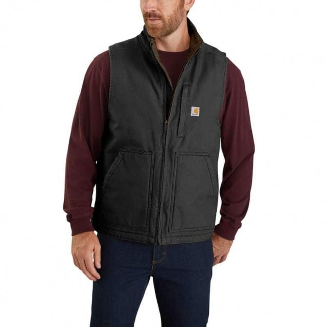 Carhartt Men's Loose Fit Washed Duck Sherpa-lined Mock-neck Vest Black