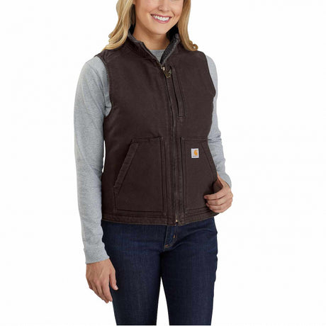 Carhartt Women's Relaxed Fit Washed Duck Sherpa Lined Mock Neck Vest Dark brown