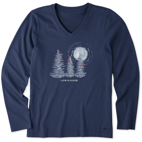 Life Is Good Womens Snowy Pines With Cardinals L/s Crusher Vee Darkest blue
