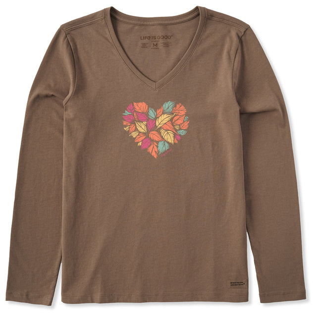 Life Is Good Womens Leaf Heart L/s Crusher-lite Vee Mushroom brown